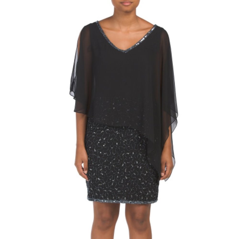 J KARA Asymmetrical Chiffon Overlay sequin dress